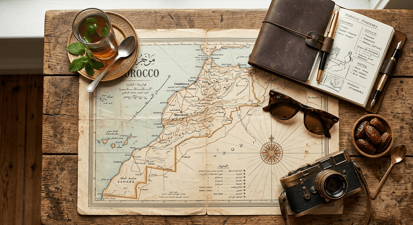 Travel journal, map of Morocco and mint tea on a riad table, ready for planning